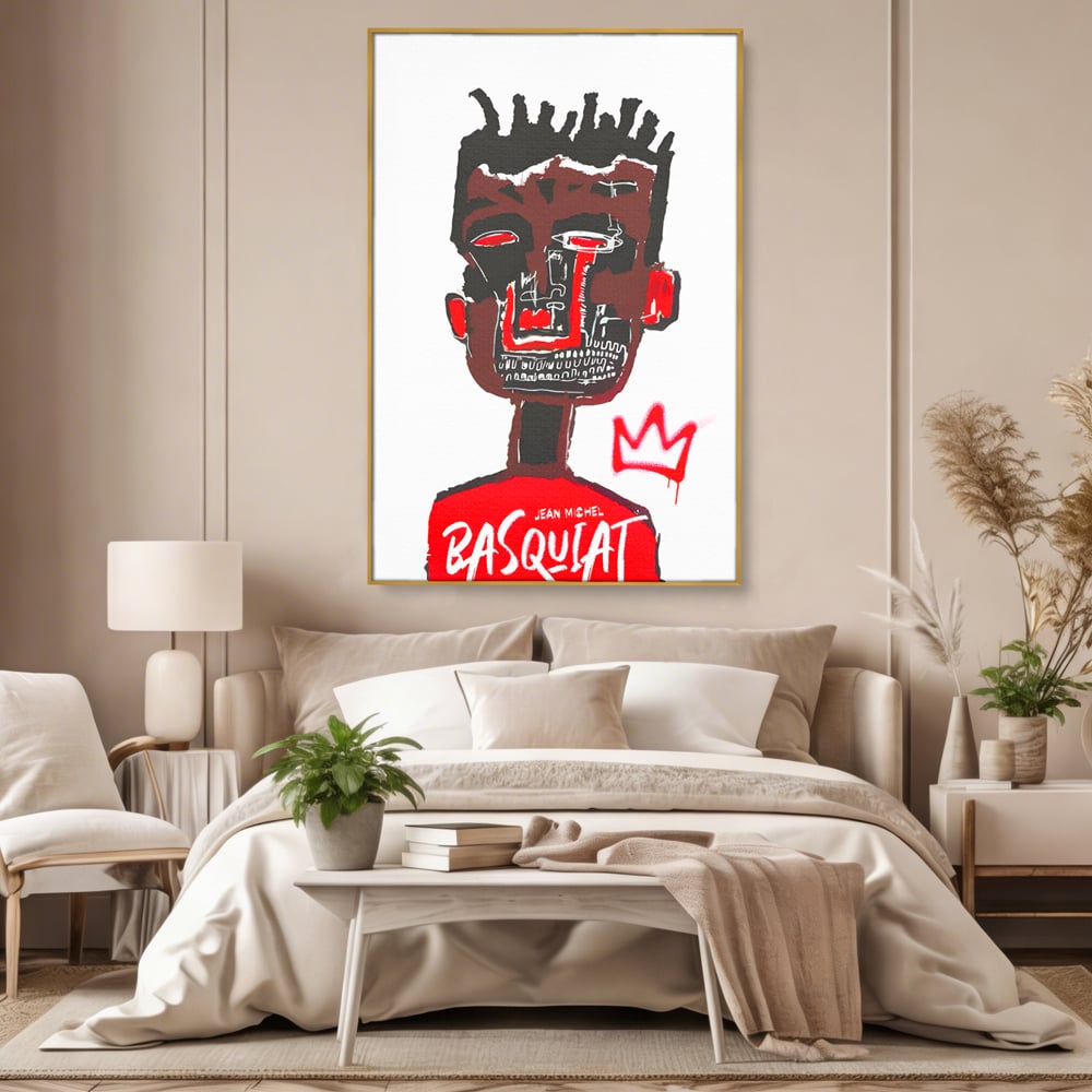 Tablou canvas cu tablou canvas cu portret abstract stil basquiat, in rama de aluminiu auriu, pe perete intr-un dormitor